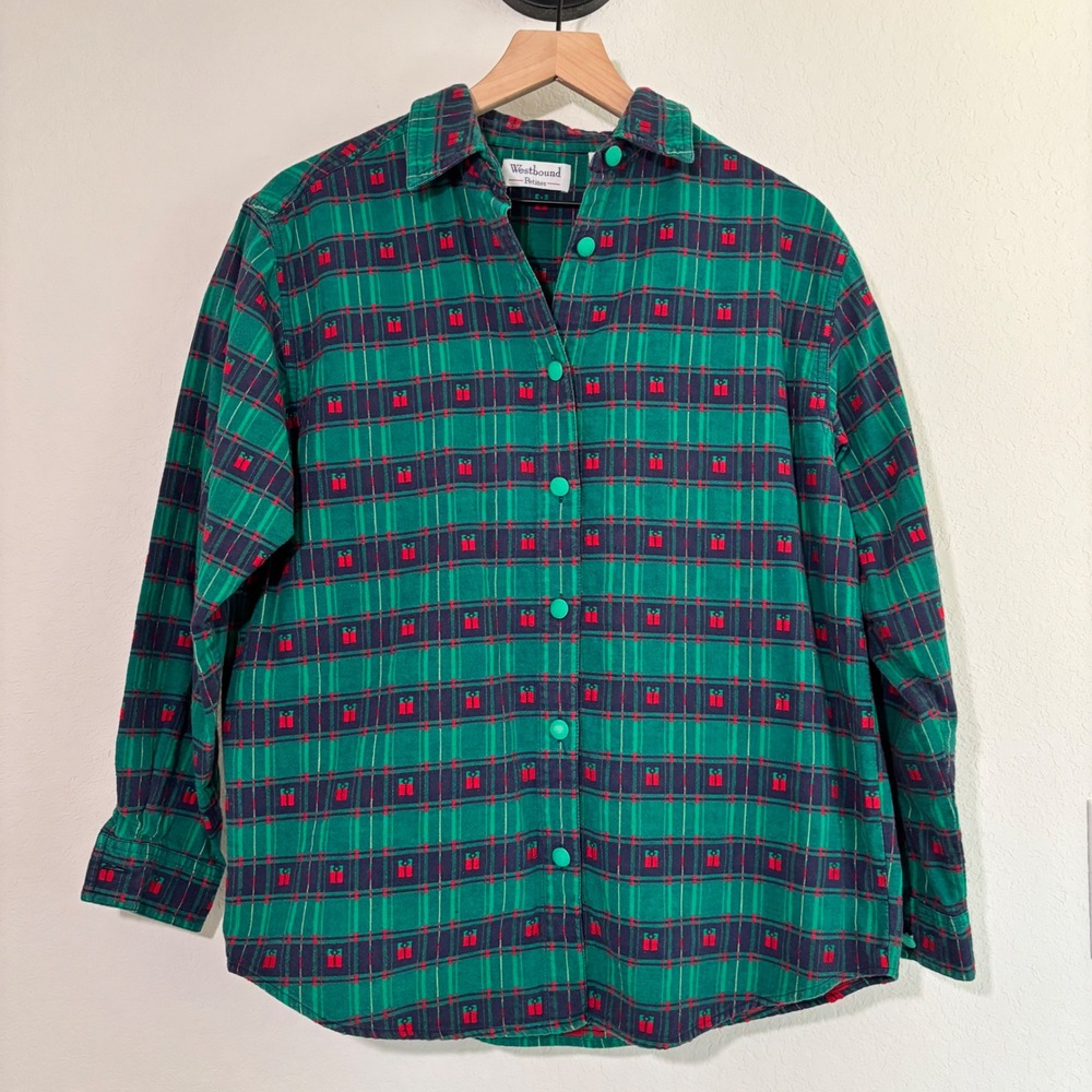 Vintage Westbound Shirt Christmas Present Plaid PM Cotton Green Holiday Top